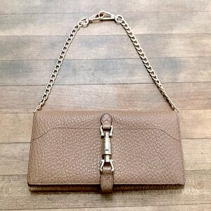 Authentic GUCCI Vintage Jackie Taupe Pebbled Leather Push Clasp Long Wallet WOC